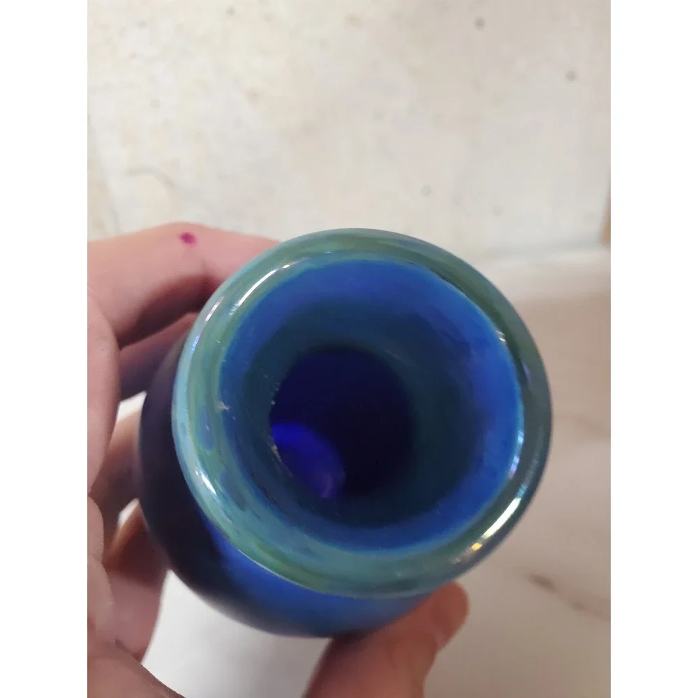 Stunning Blue Iridescent Glass Vase, Vintage, 4.25